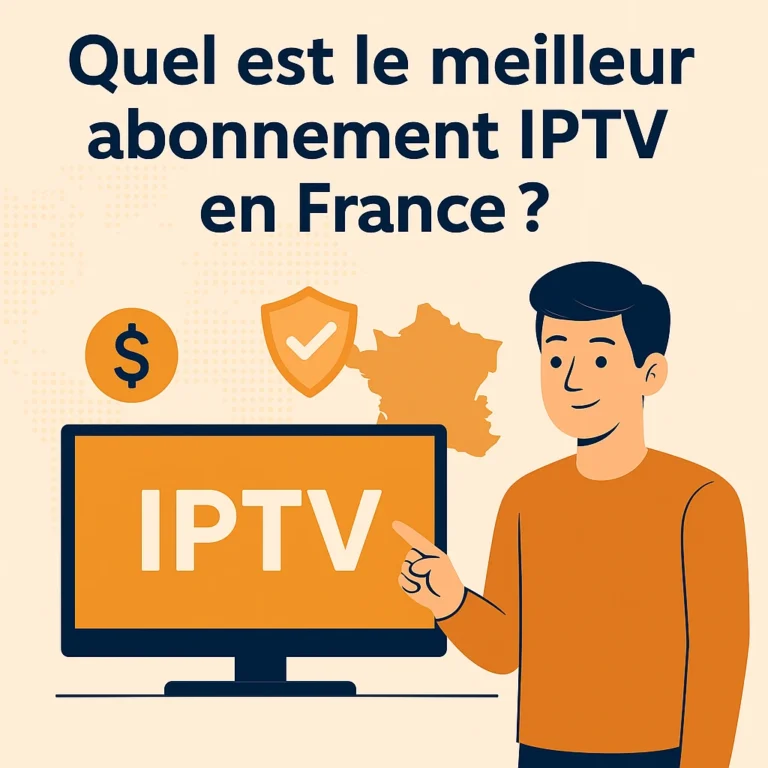 Infographie en français montrant un jeune homme pointant une télévision avec le mot IPTV, accompagnée d’icônes de prix et de sécurité, posant la question : quel est le meilleur abonnement IPTV en France ?